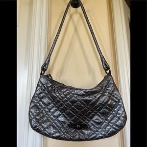 Shiny gun metal leather Elliott Luca hand bag.